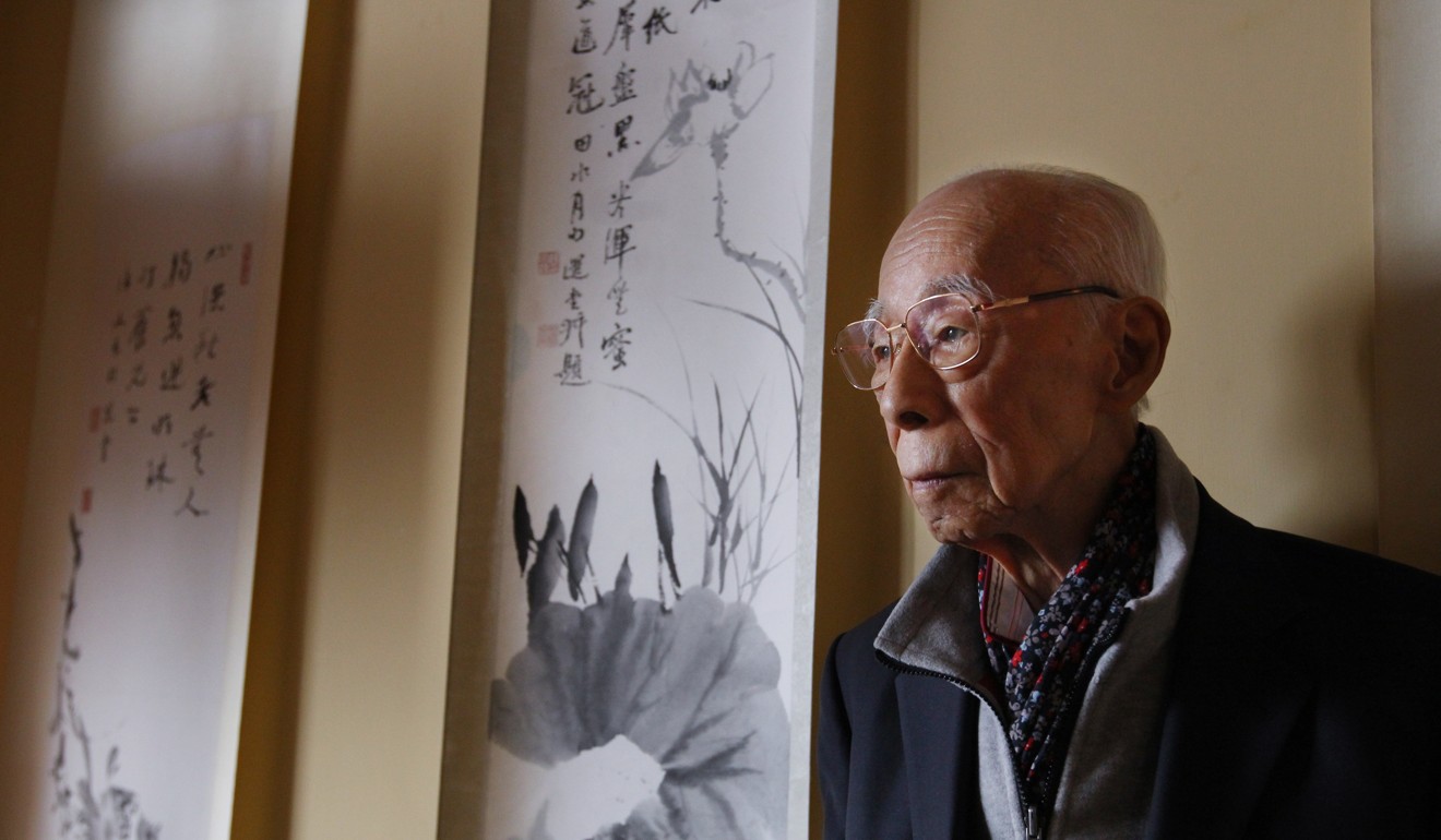 The late Professor Jao Tsung-i, who died in February, pictured with his paintings at the Jao Tsung-i Petite Ecole in the University of Hong Kong. Photo: Nora Tam