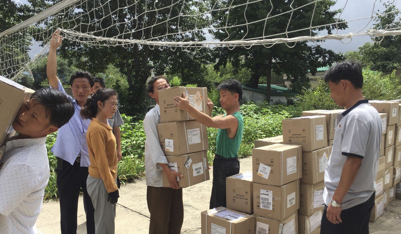 A US-based aid organisation delivers Hepatitis B medicine to a health care centre in the North Korean capital Pyongyang in August 2017, before sanctions were imposed over the North’s nuclear missiles programme. Photo: AP