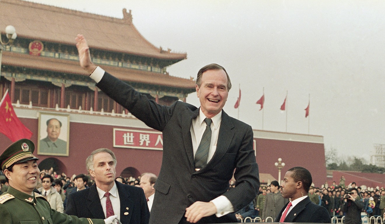 In February 1989, then US president George H.W. Bush waves to crowds in Tiananmen Square, Beijing. News of his death circulated widely on Chinese social media, but Americans probably neither know the names of nor care about former Chinese presidents. Photo: AP