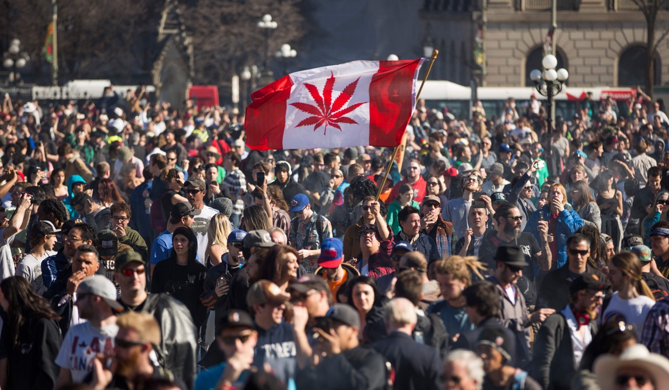 A woman waves a flag with a marijuana leaf on it during a rally to celebrate National Marijuana Day on Parliament Hill in Ottawa, Canada. Photo: AFP