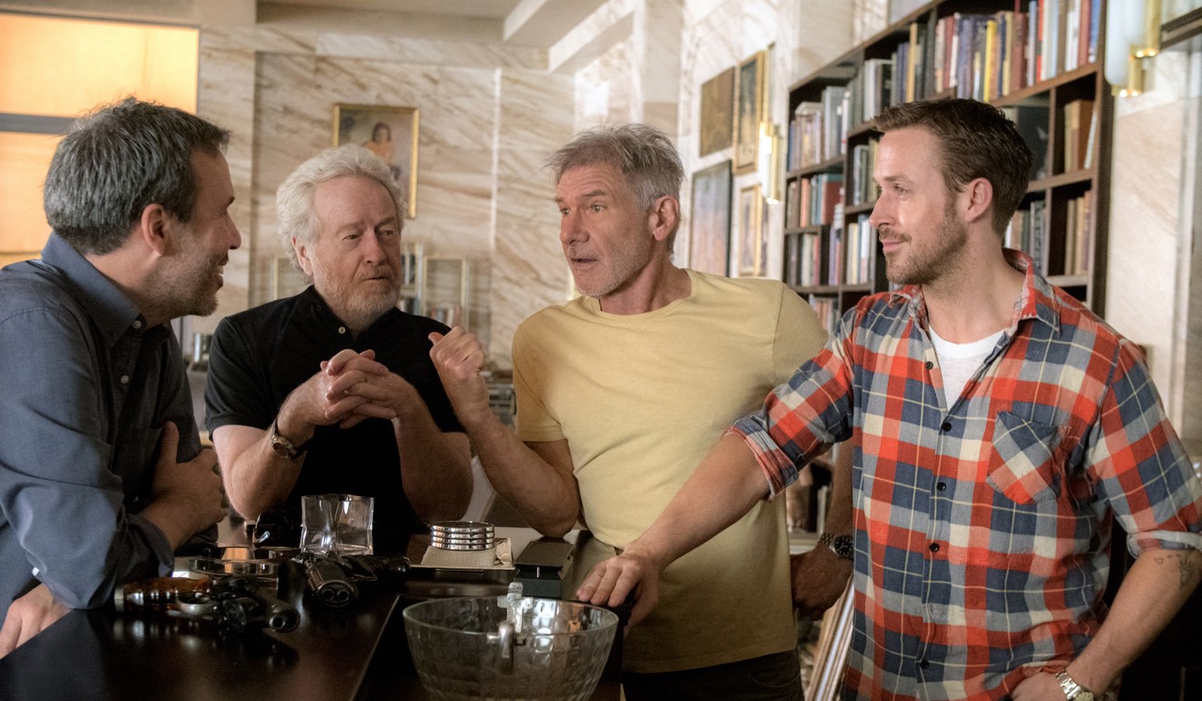 From left: Denis Villeneuve, Ridley Scott, Harrison Ford and Ryan Gosling on the set of Blade Runner 2049.