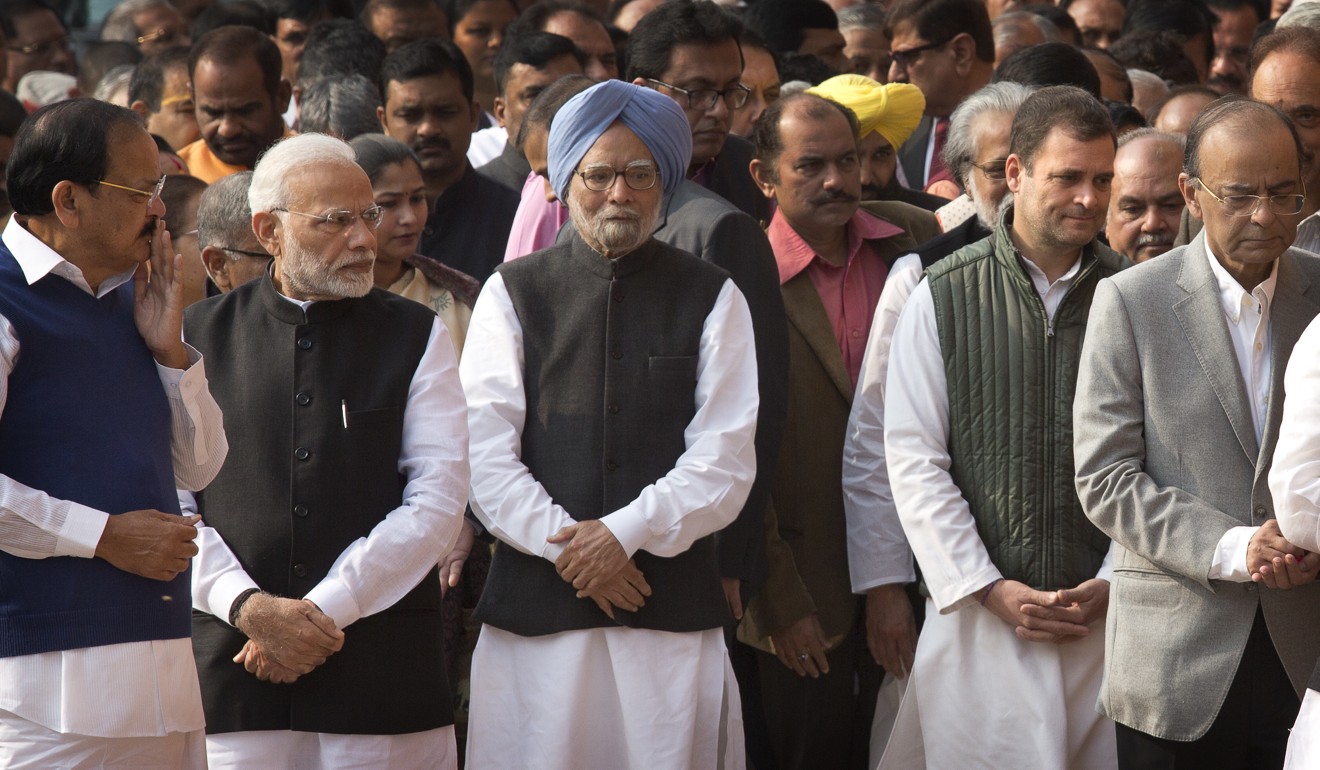 Modi, former prime minister Manmohan Singh andRahul Gandhi pay tributes to the victims of the 2001 attack on India’s parliament in New Delhi on December 13, 2018. Photo: AP