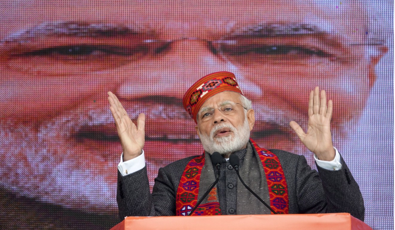 Modi addresses a BJP rally in Dharamsala on December 27, 2018. Photo: EPA