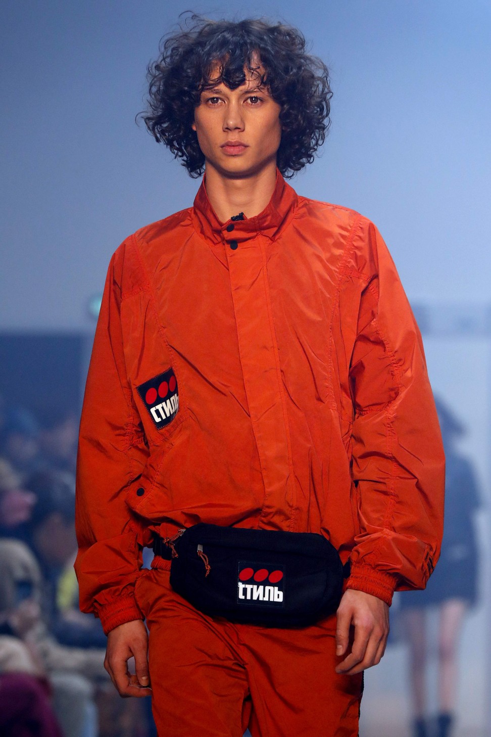 A model presents one of Heron Preston’s upmarket streetwear creations, including a ‘style’ bag based on the Securitas three-dot logo – at the men’s fall/winter 2019-20 collection show at Paris Fashion Week on Tuesday.
