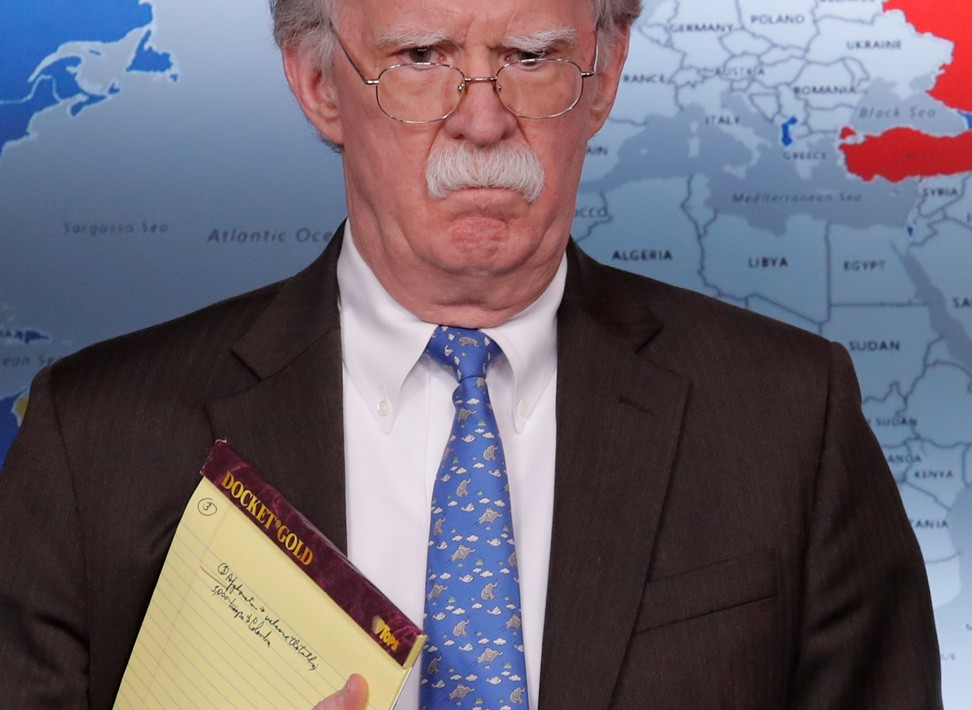 Another look at US National Security Adviser John Bolton, as he holds his notes during a press briefing at the White House on Monday. The note “5,000 troops to Colombia” hints at a possible US troop deployment amid the ongoing crisis in Venezuela. Photo: AP