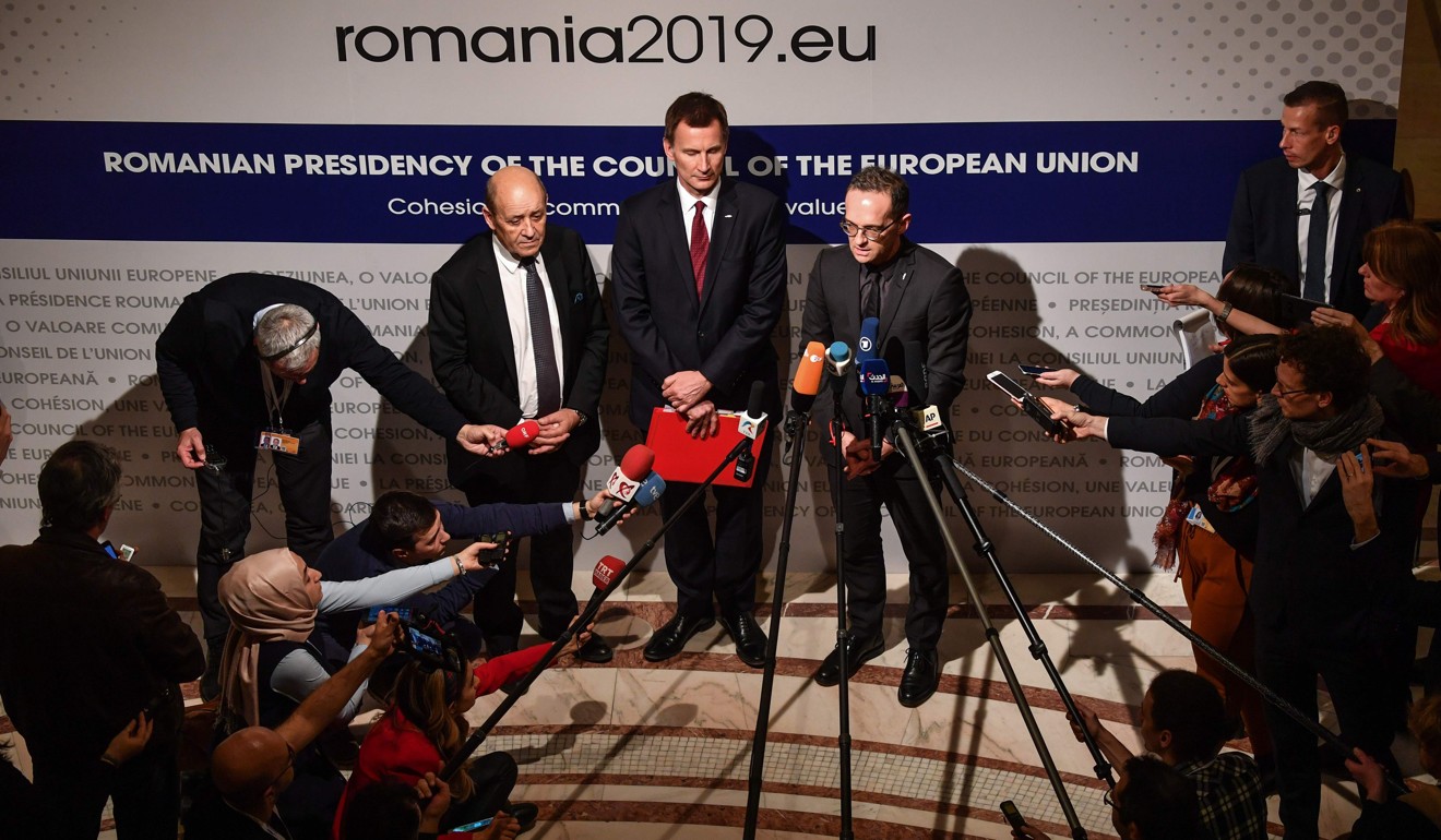 From left, the foreign ministers of France, the UK and Germany said the action on Thursday was “a clear, practical demonstration” of Europe’s commitment to continuing the nuclear deal. Photo: EPA-EFE