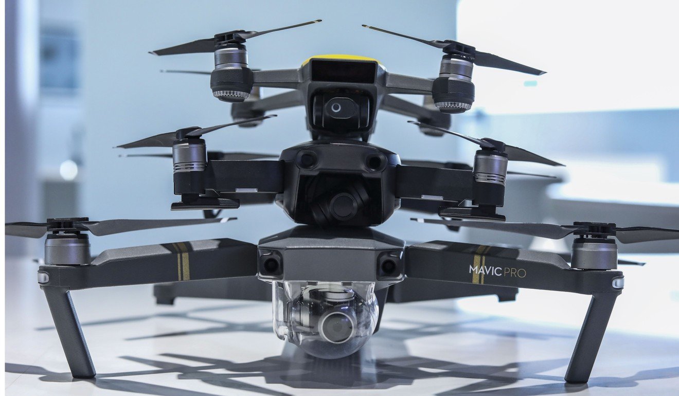 DJI drones, from top, the Spark, Mavic Air and Mavic Pro Platinum are seen on display at the company’s store inside the Consumer Electronics Exhibition and Exchange Centre in Futian district, Shenzhen. Photo: Roy Issa