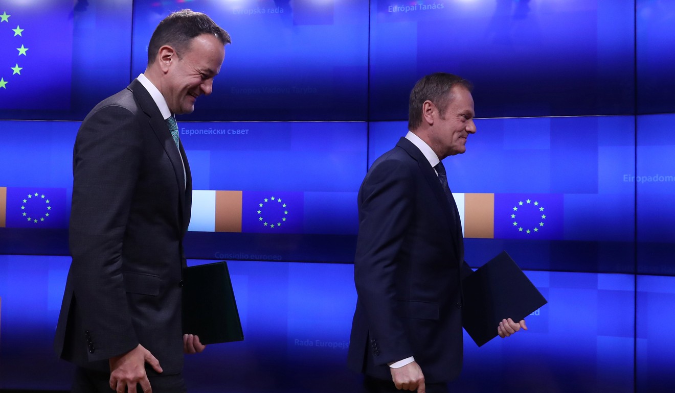 EU Council President Donald Tusk (right) and Irish Prime Minister Leo Varadkar leave the room after delivering a statement at the European Council headquarters in Brussels, Belgium, on Wednesday. Photo: Reuters