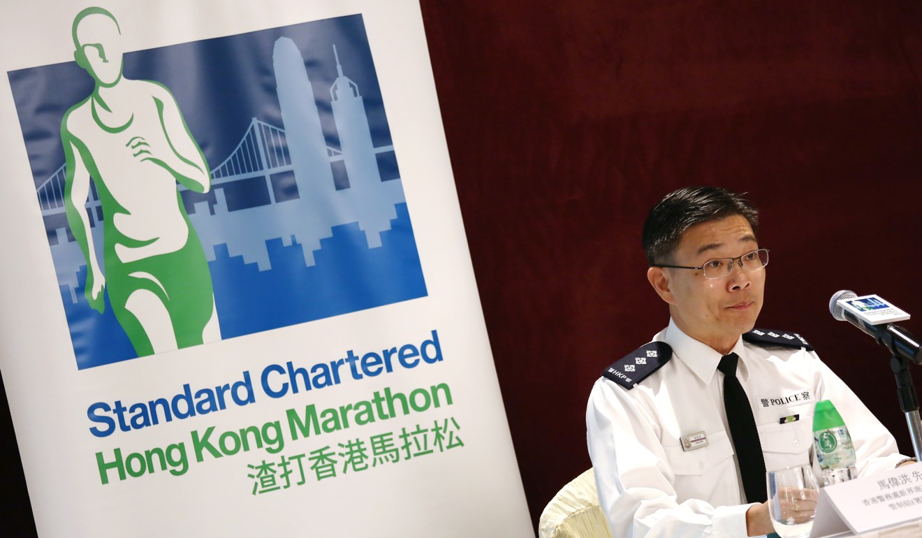 James Ma Wai-hung, from Hong Kong Police Force, talks about road closures for Sunday’s event. Photo: Jonathan Wong
