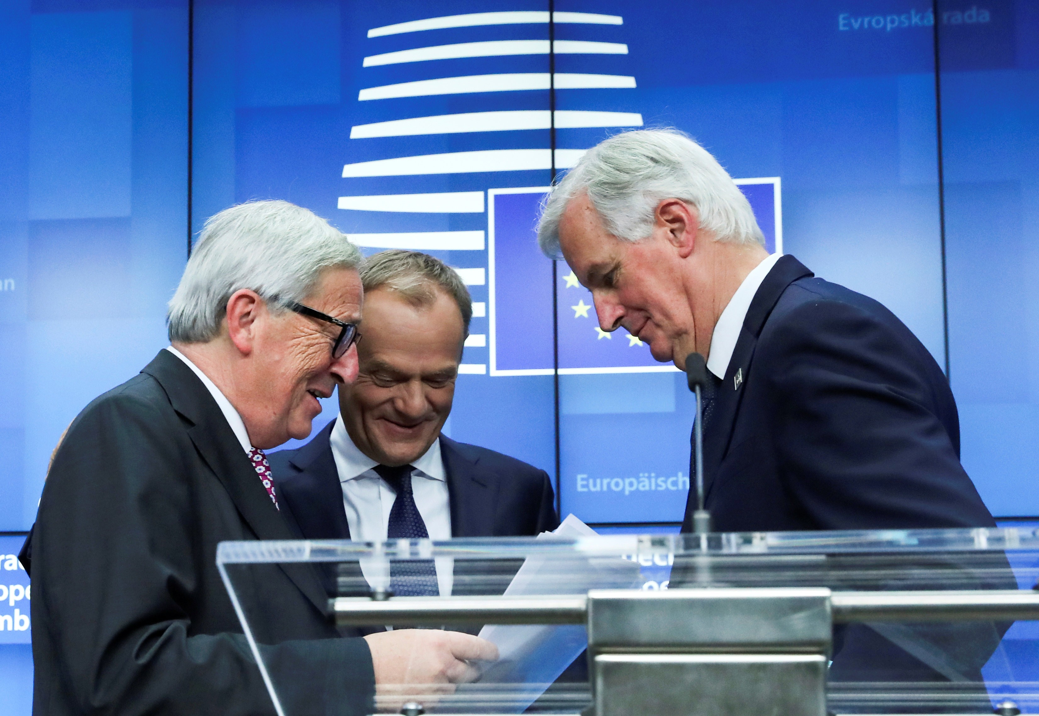 From left: European Commission President Jean-Claude Juncker, European Council President Donald Tusk and the European Union’s chief Brexit negotiator Michel Barnier chat during a news conference after an extraordinary EU leaders summit to formalise the Brexit agreement in Brussels, Belgium on November 25, 2018. Photo: Reuters