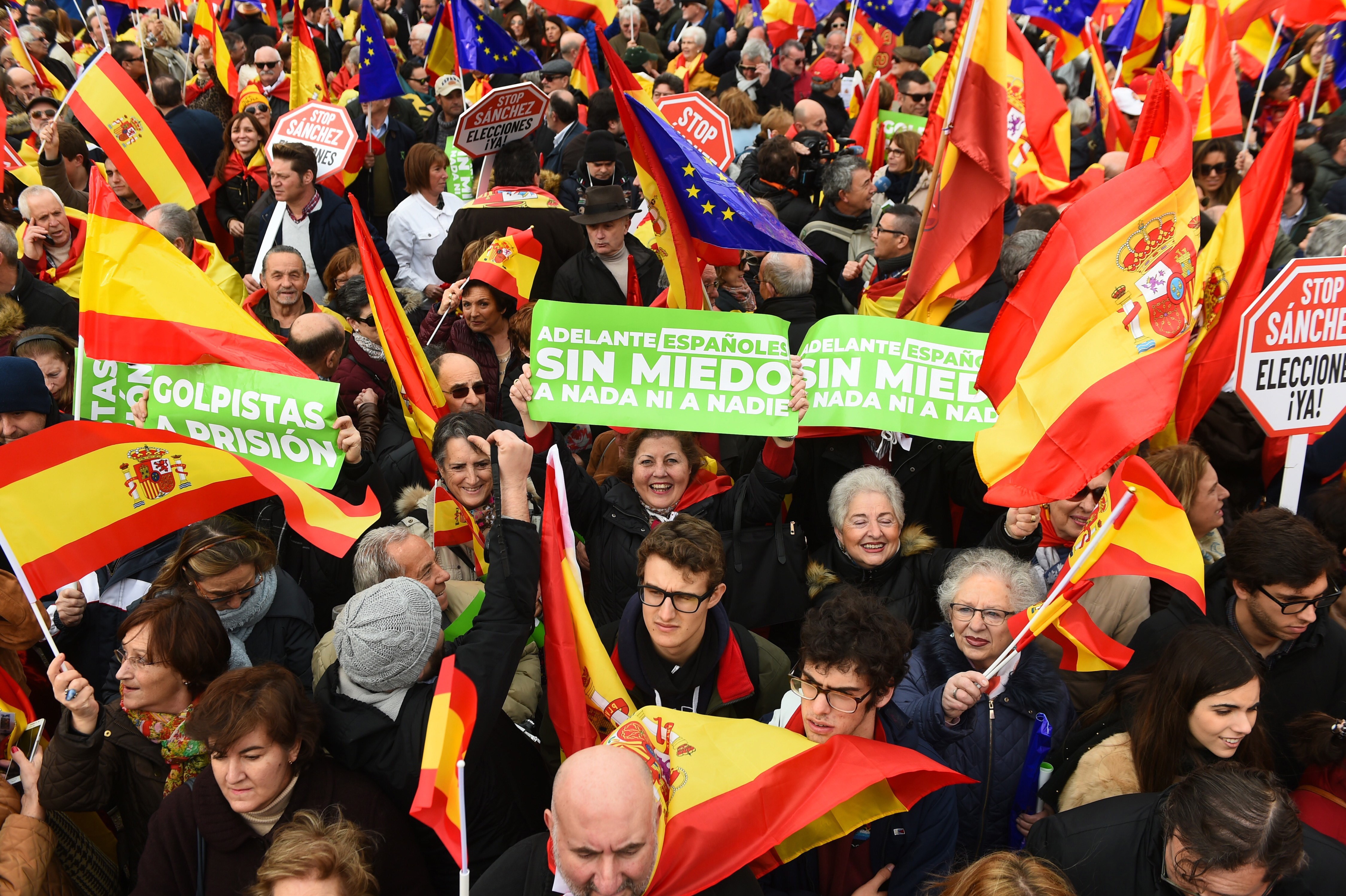 People participate in a rally on February 10 in Madrid, Spain, called by the People’s Party and Ciudadanos to demand a general election. The rally was organised to protest against talks between Prime Minister Pedro Sanchez’s government and Catalan pro-independence leaders. Photo: EPA-EFE
