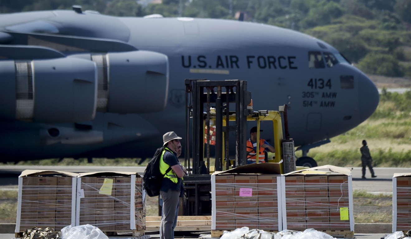 Food and medicine aid for Venezuela unloaded from a US Air Force C-17 aircraft in Cucuta, Colombia. Photo: AFP