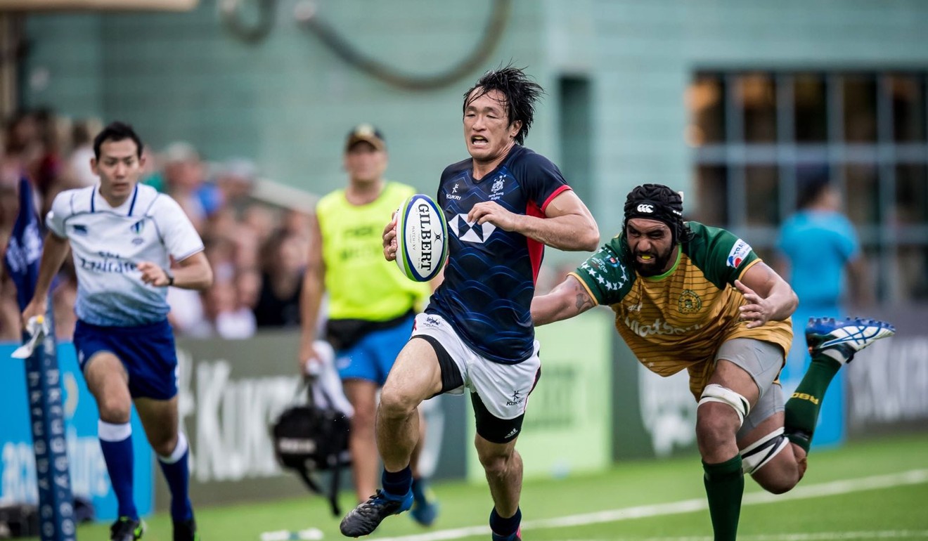 Salom Yiu scores against Cook Islands. The veteran winger is gunning for a berth at next year’s Summer Olympics in Tokyo. Photo: HKRU