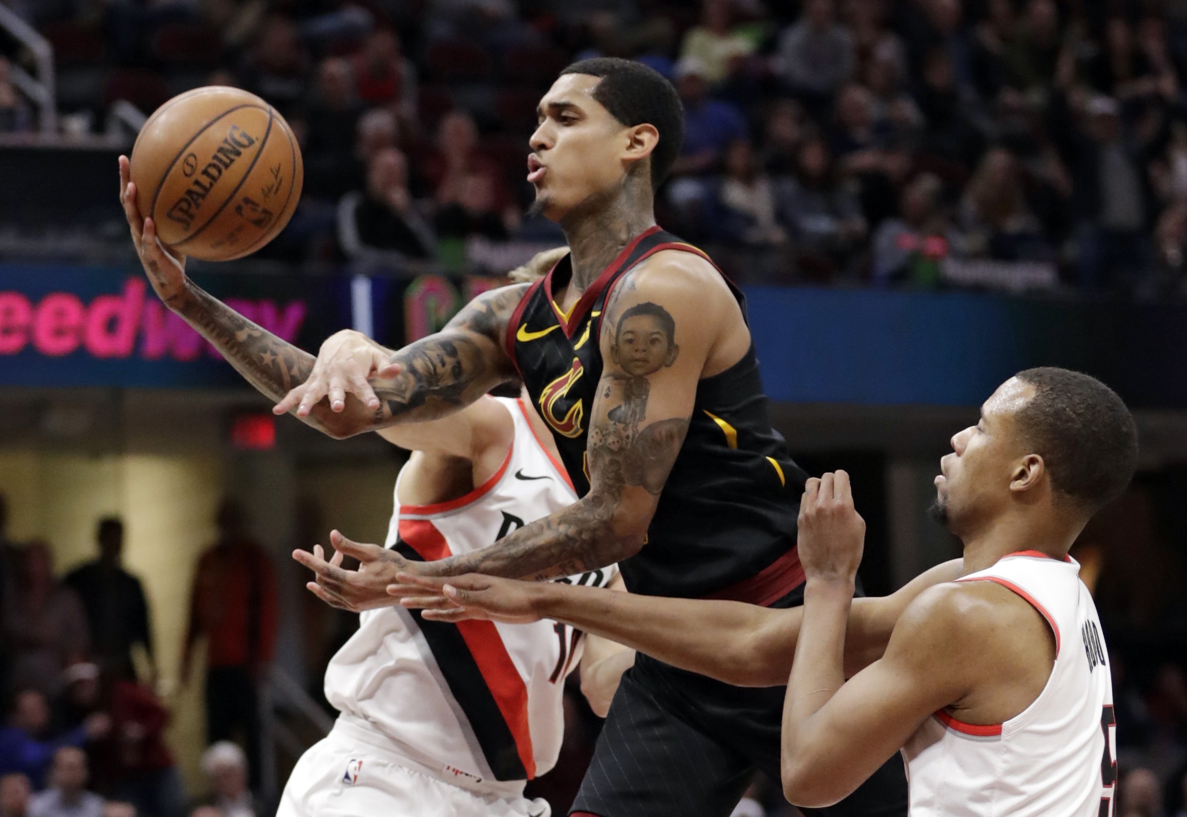 Cleveland Cavaliers' Jordan Clarkson is on the attack against Portland Trail Blazers in an NBA game in Ohio. Photo: AP