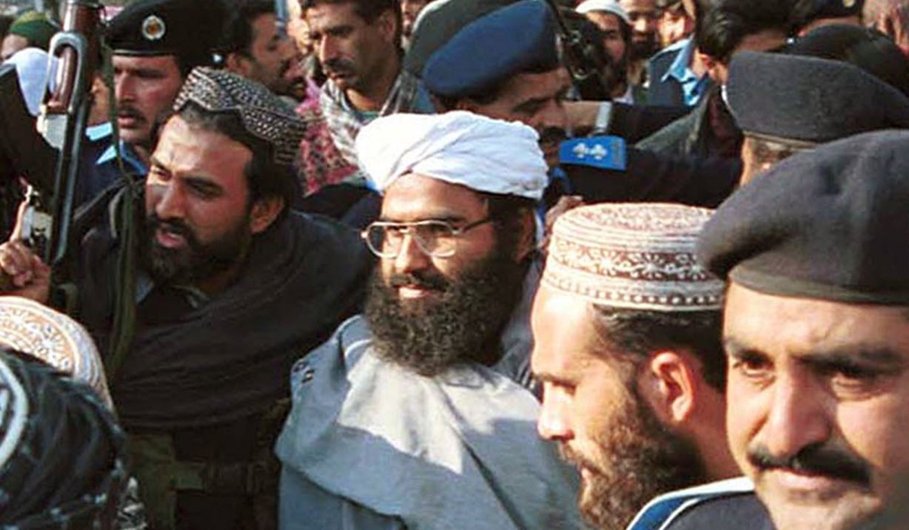 Masood Azhar, centre, in Islamabad in 2000. Photo: AP