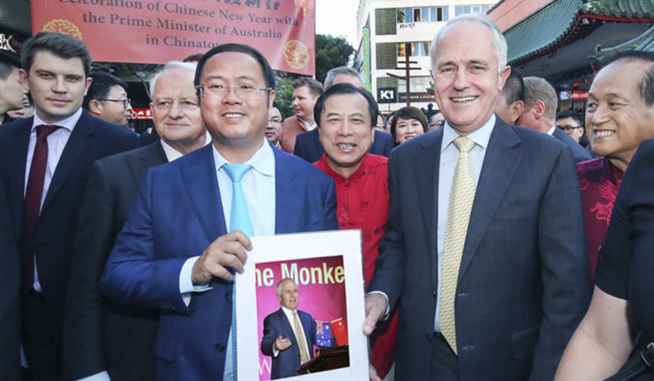 Huang Xiangmo (left) poses with Australia’s then prime minister Malcolm Turnbull at the 2016 Lunar New Year Lantern Festival. Huang, a real estate developer, later came under suspicion for allegedly influencing Australian politics on behalf of the Chinese Communist Party and his permanent residency was revoked in February. Photo: Australian Council for the Promotion of the Peaceful Reunification of China