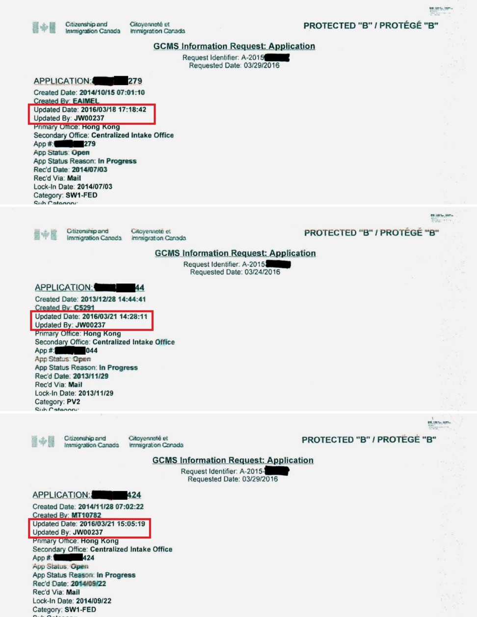 Documents obtained by the South China Morning Post show the same Canadian immigration officer ‘JW00237’ processed three applications by Huawei employees and a spouse within four days in 2016. Two of the otherwise unrelated applications were updated 37 minutes apart. Graphic: SCMP