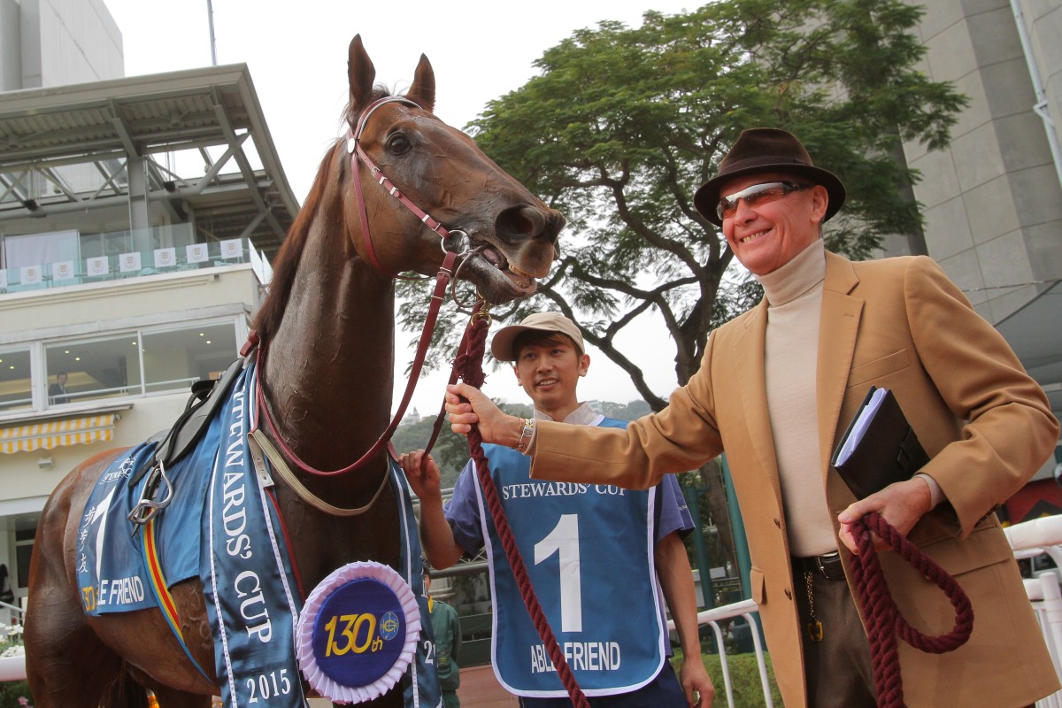 A beaming trainer John Moore after Able Friend blitzed the field in the Stewards' Cup. Photos: Kenneth Chan