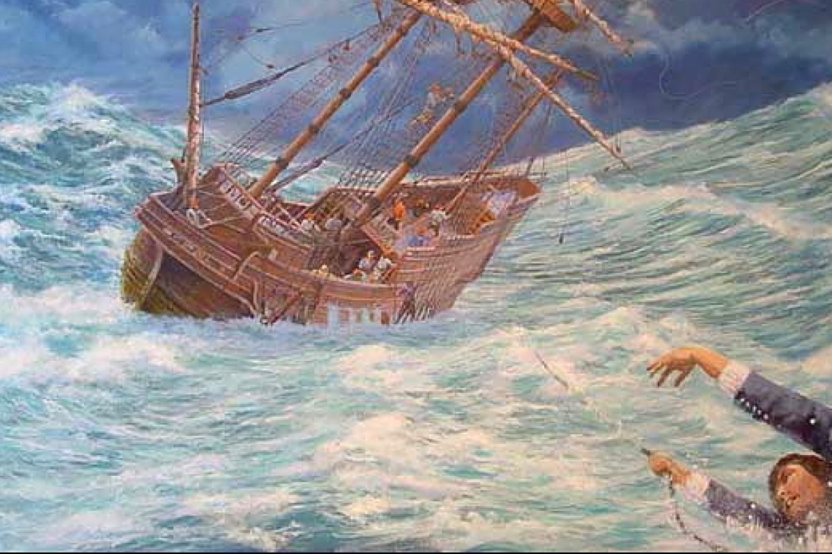 The painting "Howland Overboard", by artist Mike Haywood, depicts the young Pilgrim's rescue after he fell overboard from the Mayflower.