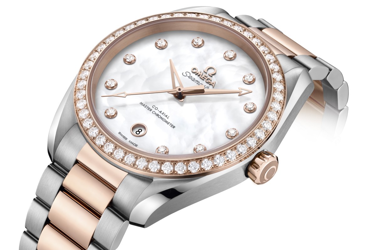 A white pearled mother-of-pearl dial adds lustre to the Omega Seamaster Aqua Terra.