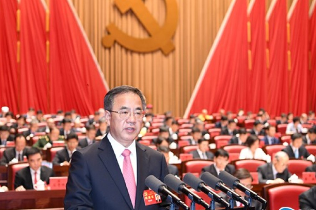 May 22, 2017 Guangzhou (Photo: Nanfang Daily) Guangdong provincial Communist Party secretary Hu Chunhua delivered a speech at the opening of the provincial party congress. SCMP Pictures (UNDATED HANDOUT)