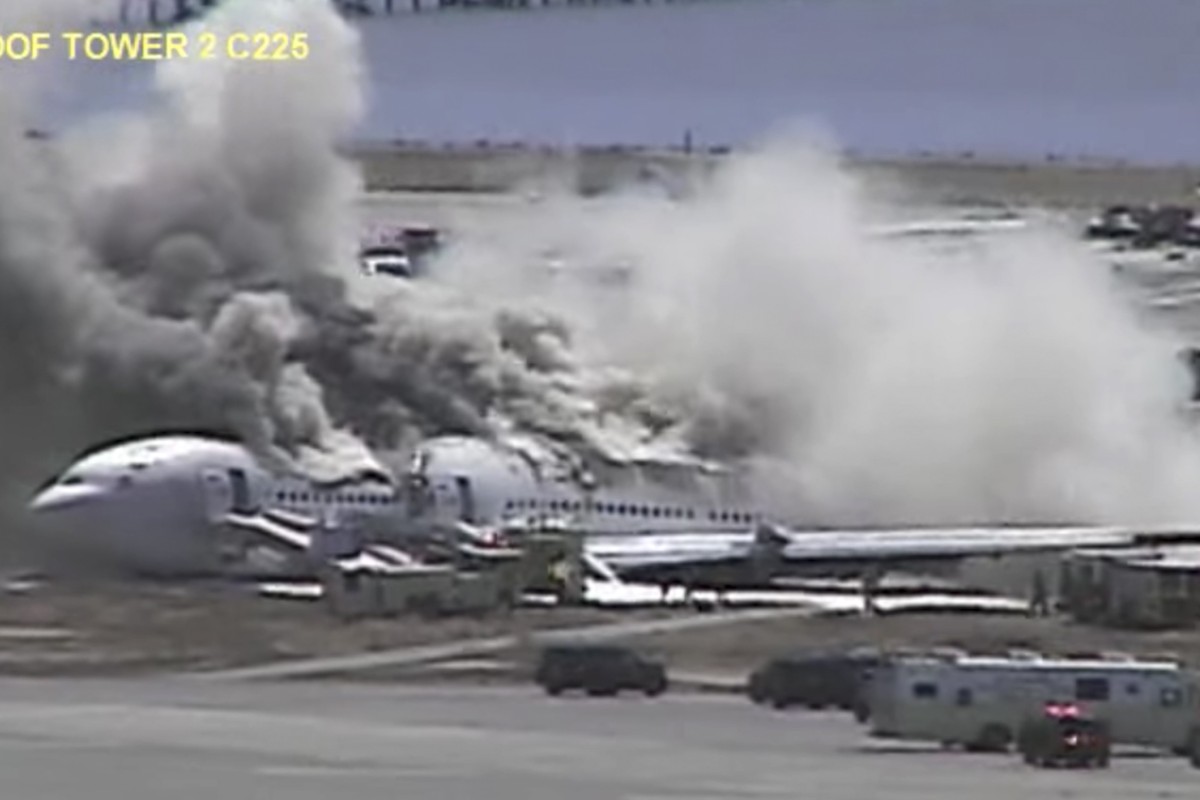 This July 6, 2013, image made from a leaked San Francisco International Airport video shows Asiana flight 214 after it crashed at the airport in San Francisco. Photo: AP / YouTube