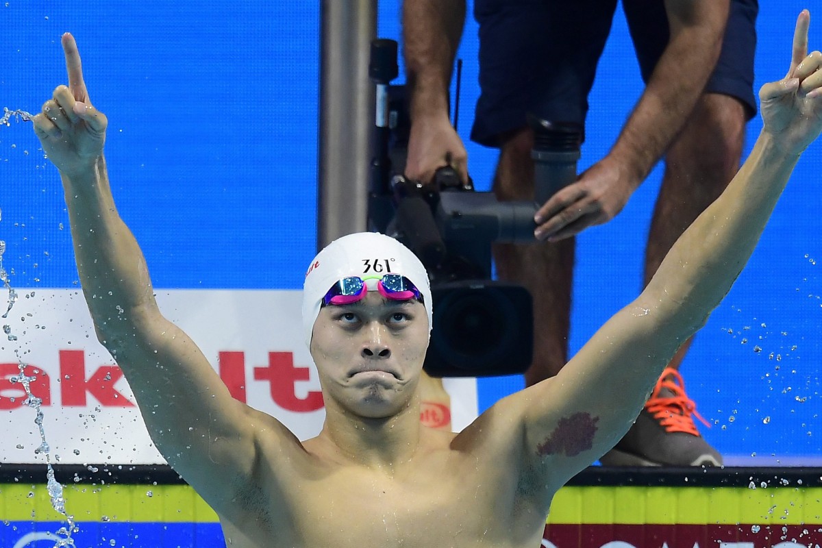 Sun Yang celebrates his victory in the men’s 200m freestyle of the 2017 world championships in Budapest. Photo: EPA