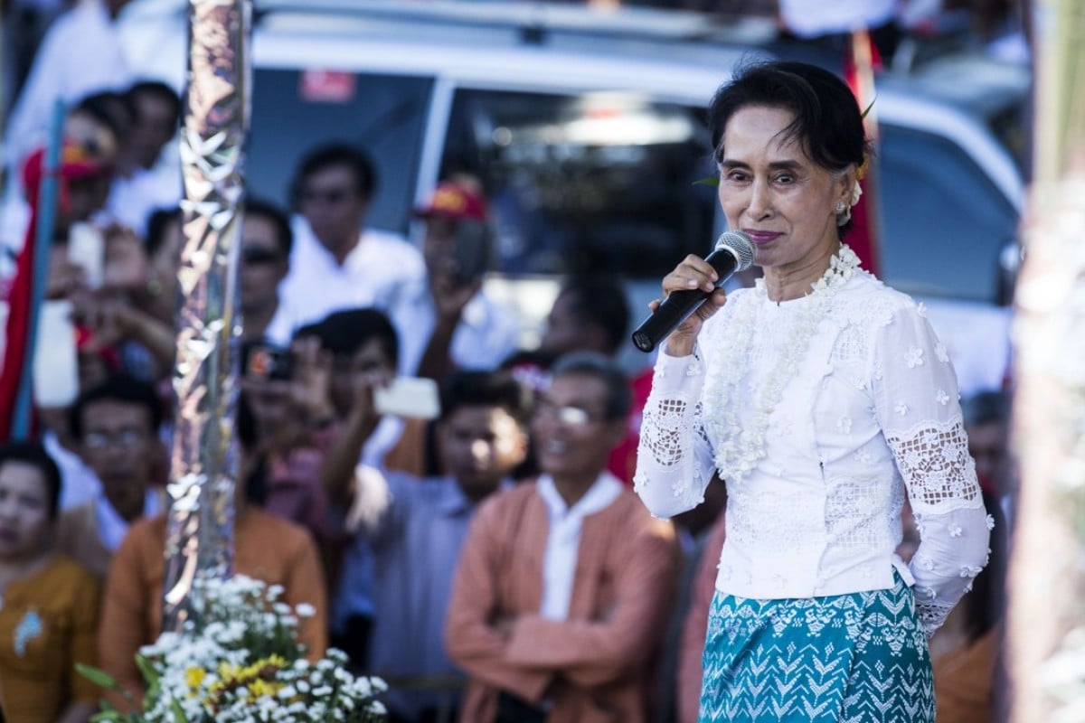 Aung San Suu Kyi delivers a speech in Taunggok, Rakhine state, in October 2015, ahead of that year’s general election. Picture: Ann Wang