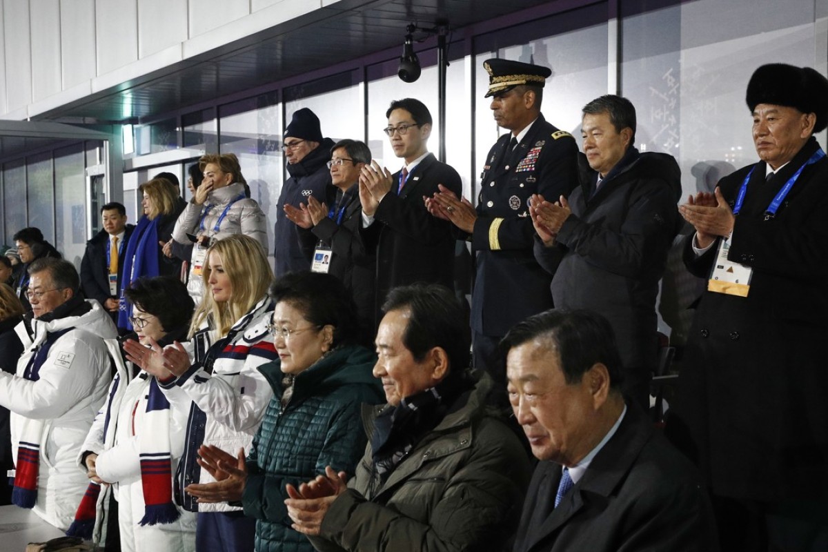 South Korean President Moon Jae-in, from bottom left, first lady Kim Jung-sook, Ivanka Trump, and Chinese Vice-Premier Liu Yandong applaud as athletes from North and South Korea walk together during the closing ceremony of the 2018 Winter Olympics in Pyeongchang, South Korea, Sunday, February 25, 2018. Standing at top right is Kim Yong-chol, vice-chairman of North Korea’s ruling Workers’ Party Central Committee. Photo: AP