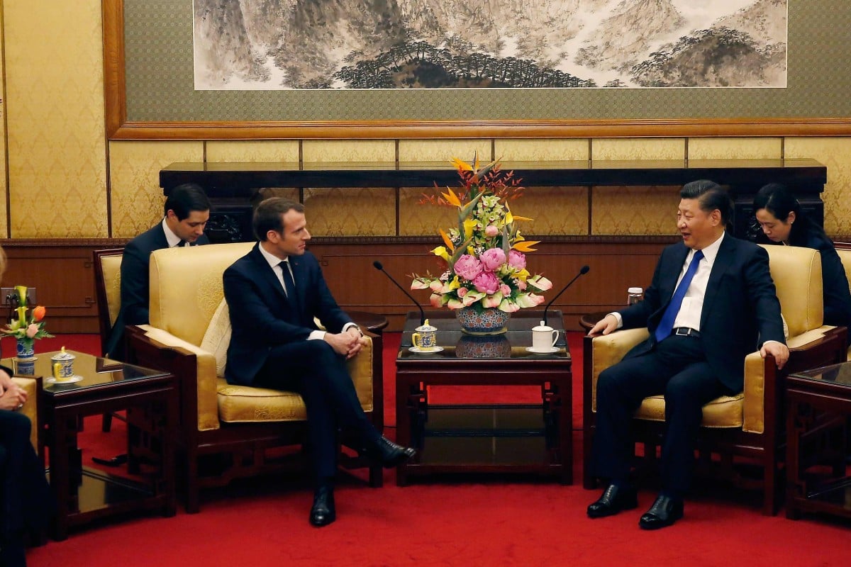 French President Emmanuel Macron and President Xi Jinping discuss matters in Beijing in January this year. Photo: Andy Wong / AFP