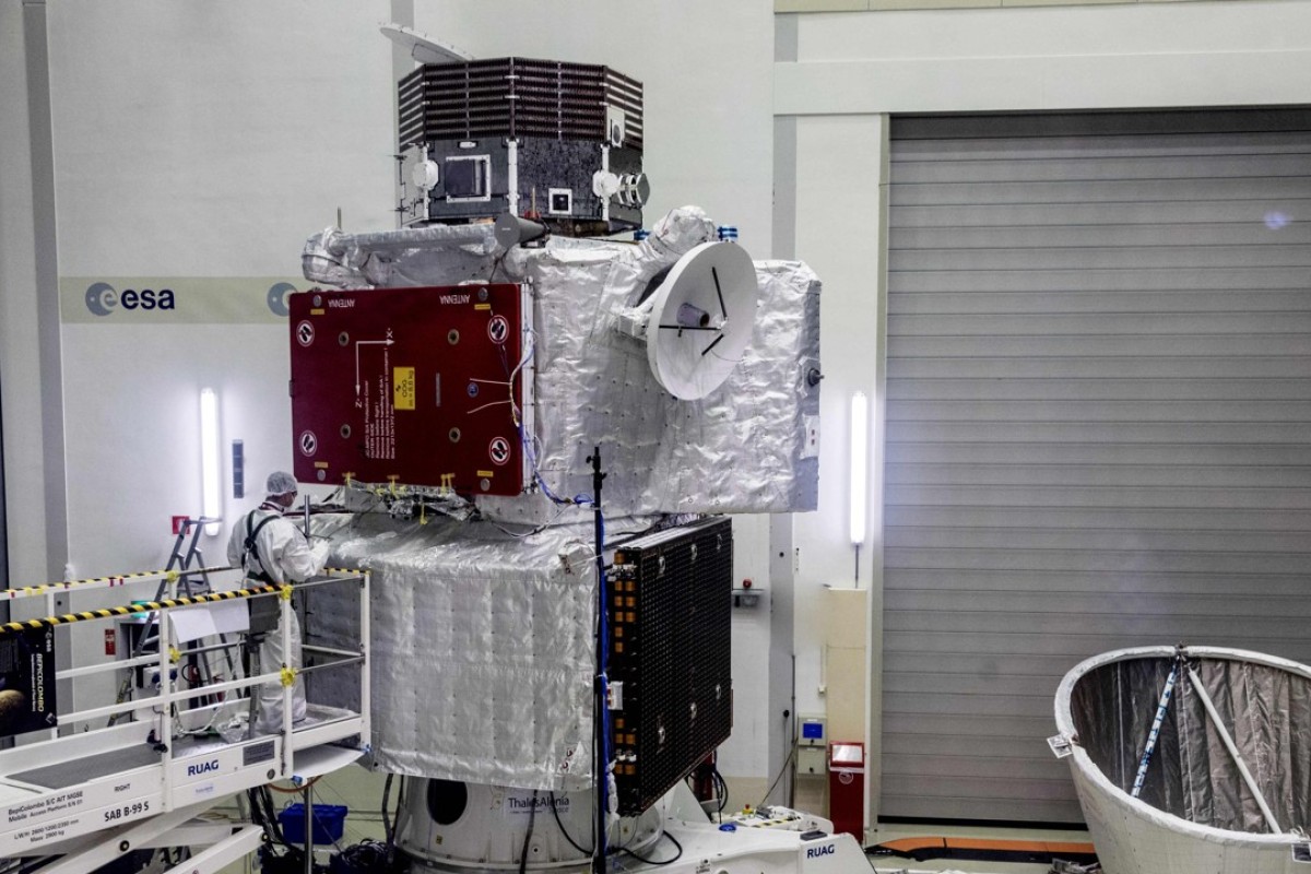 The BepiColombo standing in position at a test facility in Spijkenisse. Its mission to Mercury is scheduled for launch on an Ariane 5 from Europe's Spaceport in Kourou, French Guiana on October 20. Photo: AFP Photo