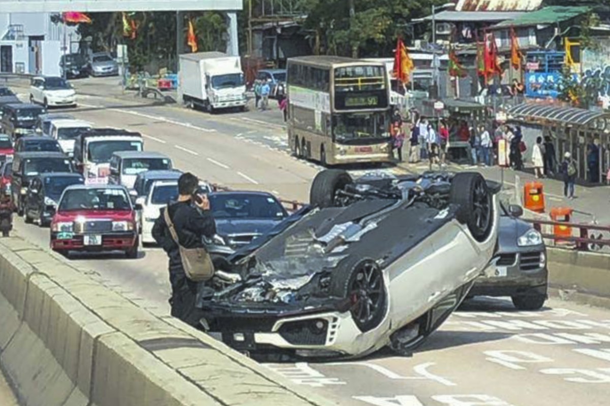 Hong Kong motorist has lucky escape as car flips over on flyover in ...