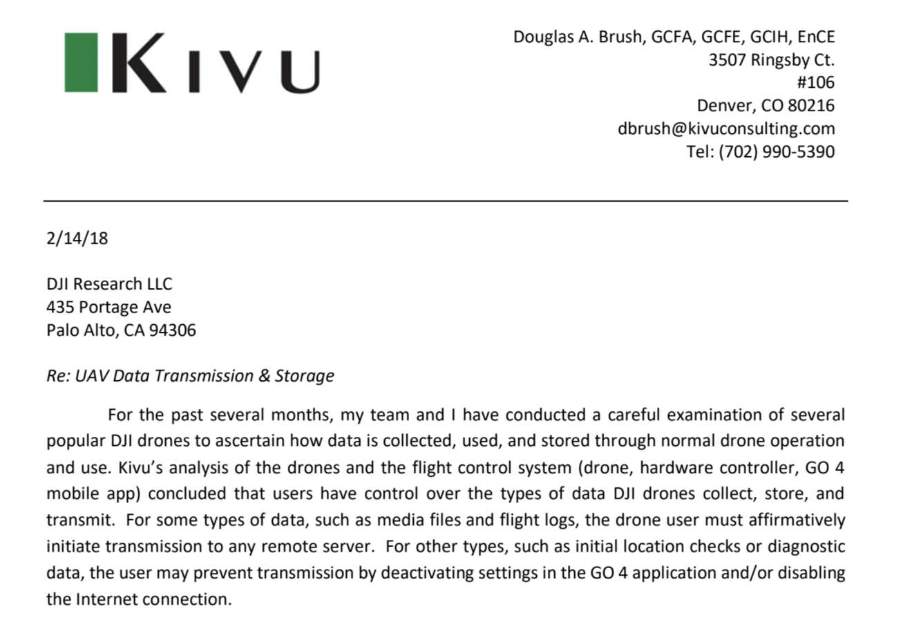 A screenshot from a summary of the report which DJI says “clearly debunks” security concerns about its products. (Picture: Kivu consulting).