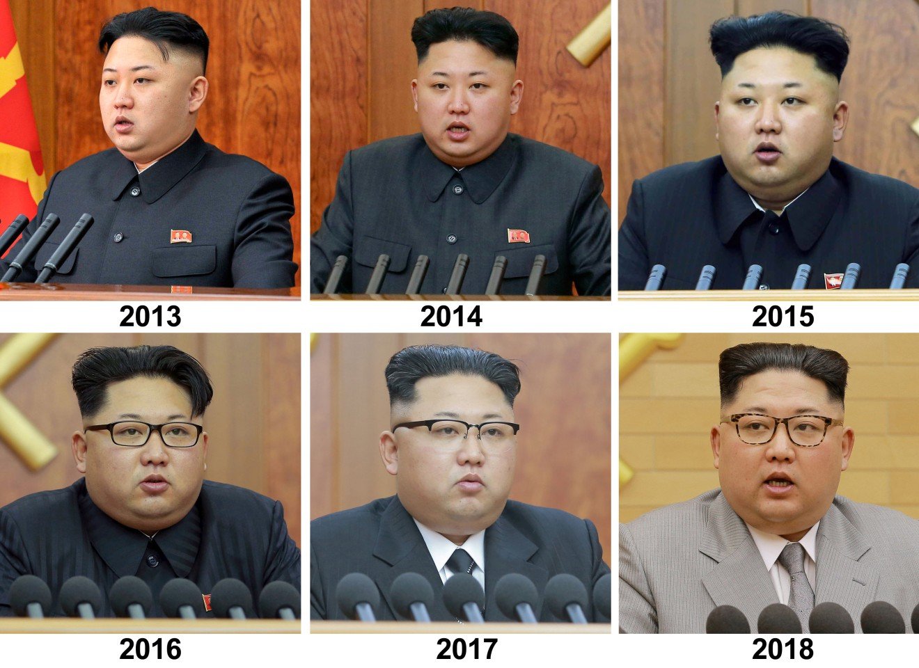 Photos of Kim Jong-un giving his New Year address from 2013 to 2018.