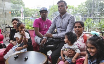 Asylum seekers who sheltered US whistle-blower Edward Snowden and now fear they will be deported (from left) Vanessa Mae Rodel and daughter Keana; Supun Thilina Kellapatha; Ajith Pushpakumara; Nadeeka Dilrukshi Nonis; her son Dinath and daughter Sethmundi Kellapatha. Photo: Edward Wong