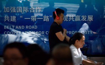 A poster announcing the belt and road forum in Beijing. Photo: AFP