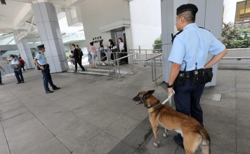 A police dog was brought in to assist in the search for a mainland Chinese man who flashed a knife inside a courtroom. Photo: Dickson Lee