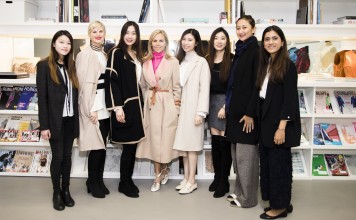 US fashion designer Tory Burch (fourth from left) with students at SCAD Hong Kong.