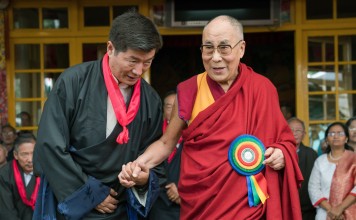The Dalai Lama with Lobsang Sangay, the leader of the Central Tibetan Administration near Dharamsala. Photo: AFP
