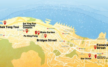 A map showing eight of Hong Kong’s haunted neighbourhoods on Hong Kong Island.