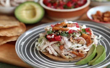 Susan Jung’s garlic chicken tostadas with cabbage, salsa, crushed avocado and chicken cracklings are the ideal way to make use of old tortillas. Photography: Jonathan Wong. Styling: Nellie Ming Lee