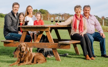 Viv Snowden (second from right) and her husband, Phil, with one of their daughters and her family, in Denmark, Western Australia. Picture: courtesy of Singlefile Wines