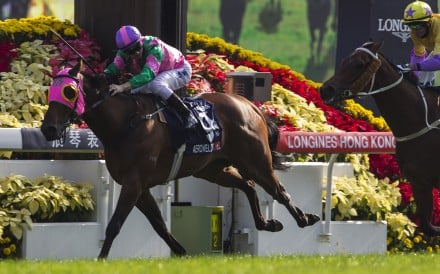 Aerovelocity (Zac Purton) leads all the way to beat favourite Pheniaphobia in the HK$18.5 million Hong Kong Sprint at Sha Tin racecourse. Photos: Reuters
                                