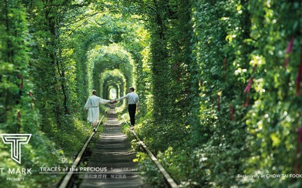 Lovers walk along the Tunnel of Love in Ukraine.
