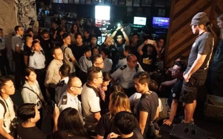 The scene at Hong Kong indie music venue Hidden Agenda in Kwun Tong as police and immigration officers conduct a raid on Sunday. Photo: Facebook