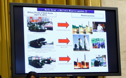 A slide showing the menace from North Korea is pictured during the presentation by the Japanese delegation at the Conference on Disarmament at the United Nations Office in Geneva. Photo: Reuters