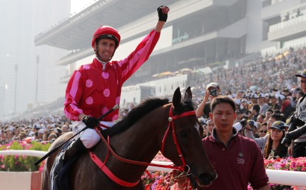Nash Rawiller lands an elusive Group One feature with Mr Stunning in the Hong Kong Sprint. Photo: Kenneth Chan
