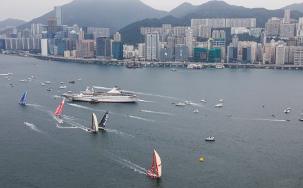Volvo Ocean Race yachts compete in an in-port race in Victoria Harbour, Hong Kong. Photo: Ainhoa Sanchez/Volvo Ocean Race
