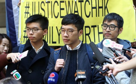 (left to right): Former student leaders Joshua Wong Chi-fung; Nathan Law Kwun-chung; and Alex Chow Yong-kang. Photo: Winson Wong