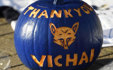 A pumpkin painted blue and carved with the message ‘Thank You Vichai’ is seen among the tributes gathered outside Leicester City’s King Power Stadium, in honour and remembrance of those who died in a helicopter crash including the club's Thai chairman Vichai Srivaddhanaprabha. Photo: AFP